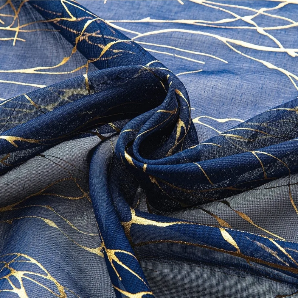 Elegant Blue Sheer Curtain with Gold Foil Branch Design